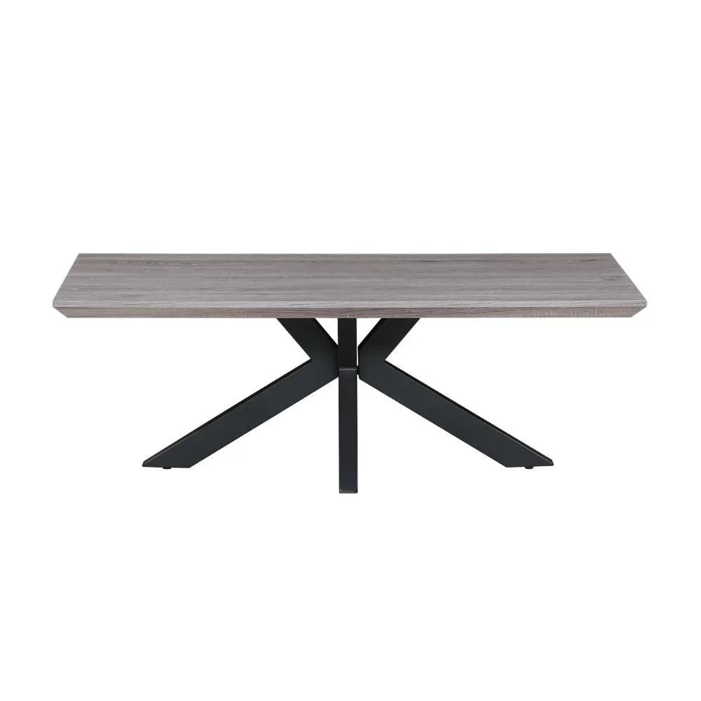 Wooden dining bench with light oak top and black metal legs, front view