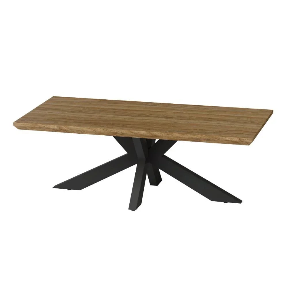 Rectangular wooden dining table with black metal star-shaped base