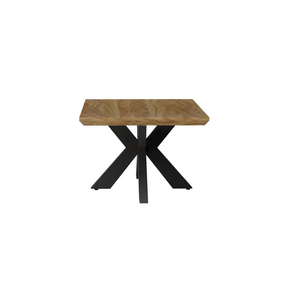 Wood top dining table with black cross metal legs front view