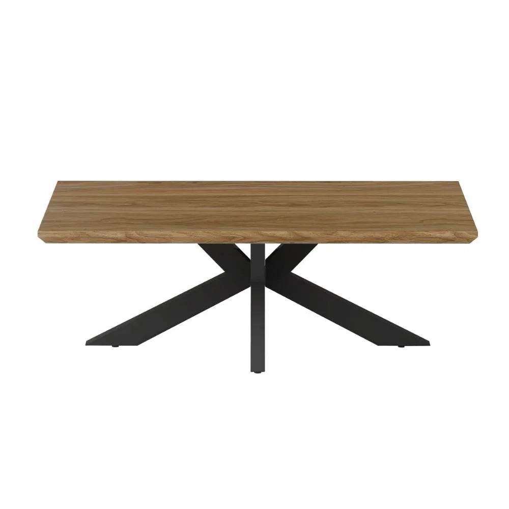 Rectangular wood dining table with black metal crossed legs, front view
