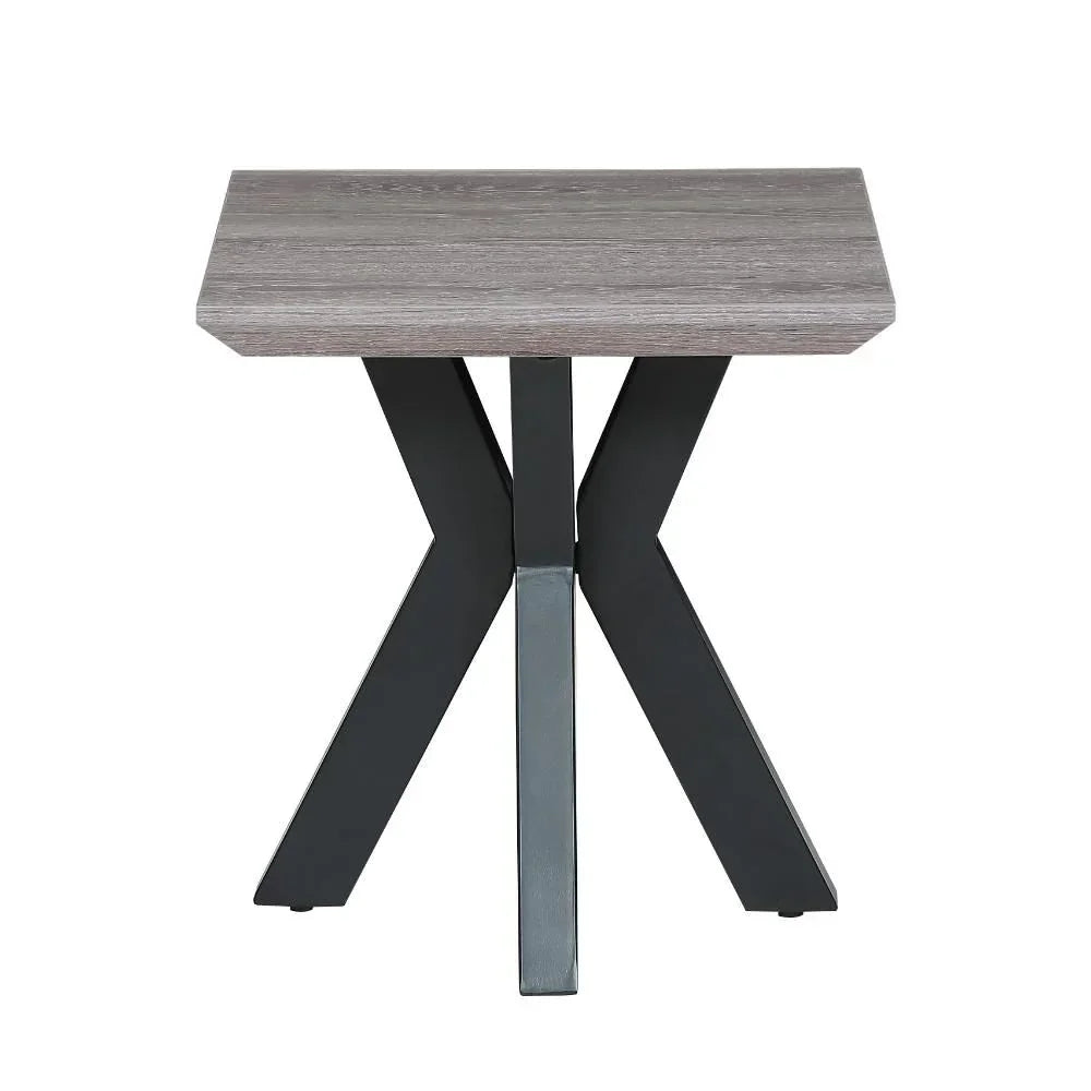 Grey wood side table with angled metal legs, modern design, front view