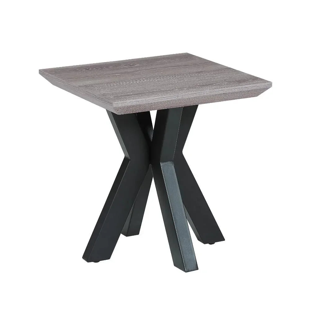 Square wooden side table with grey top and crossed black metal legs
