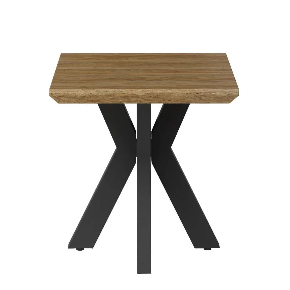 Small side table with oak effect top and black metal cross legs, front view