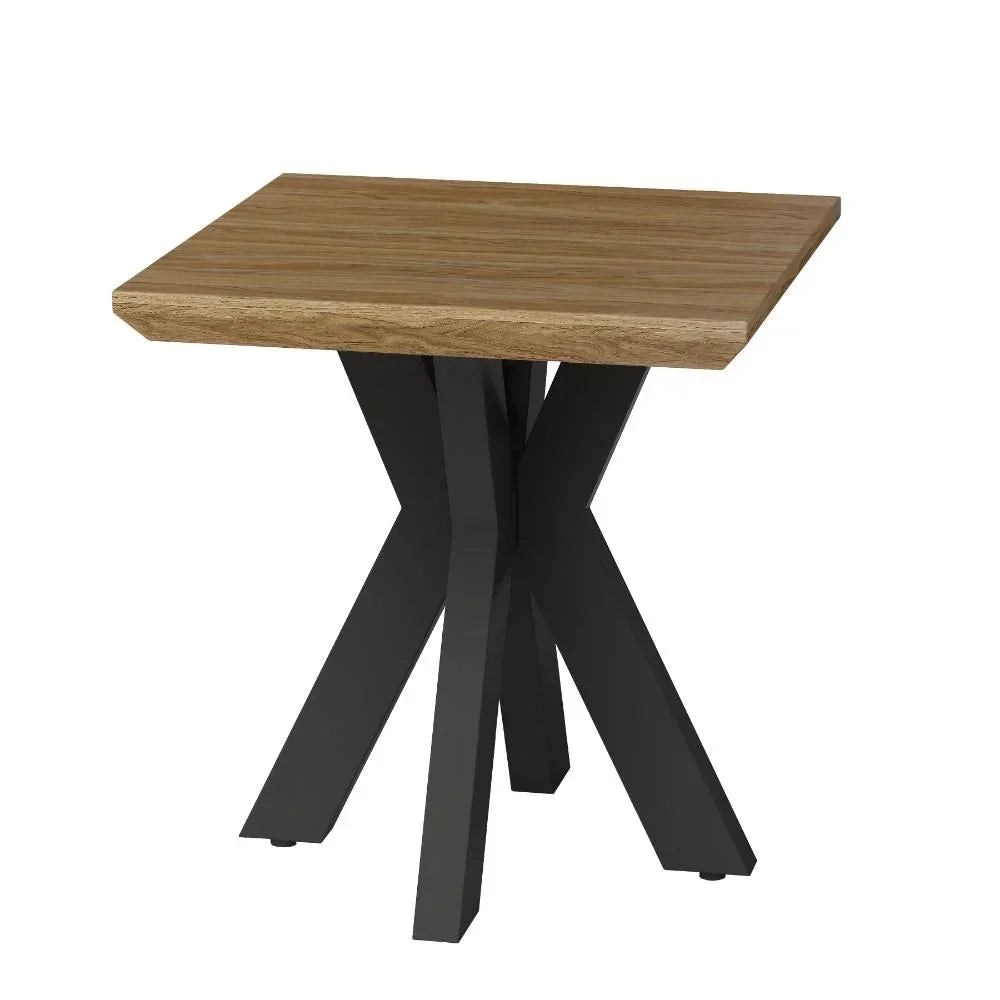 Square wood side table with black crossed metal legs