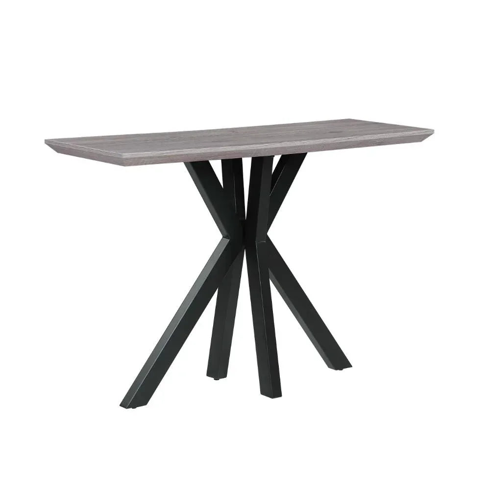 Rectangular grey console table with wooden top and modern black metal legs
