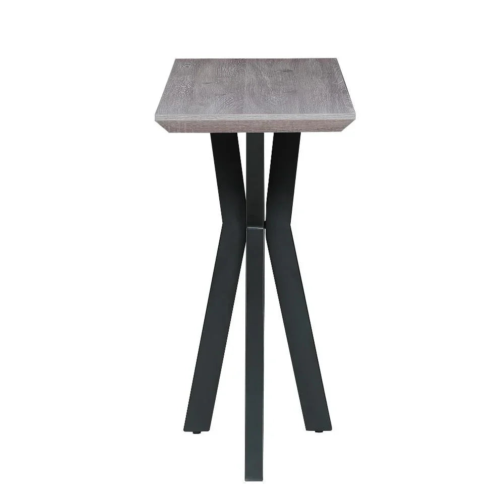 Square bar table with light wood top and black metal legs, front view