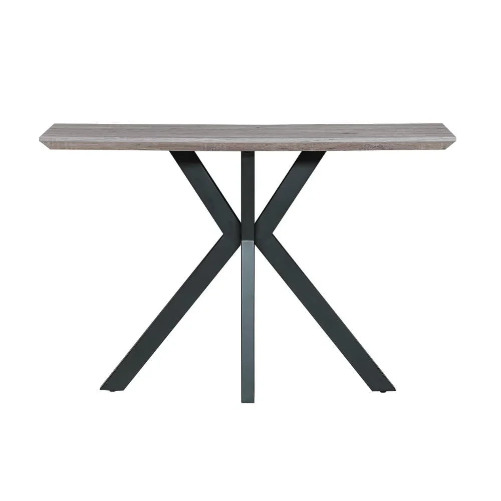 Modern console table with light wood top and black metal cross legs
