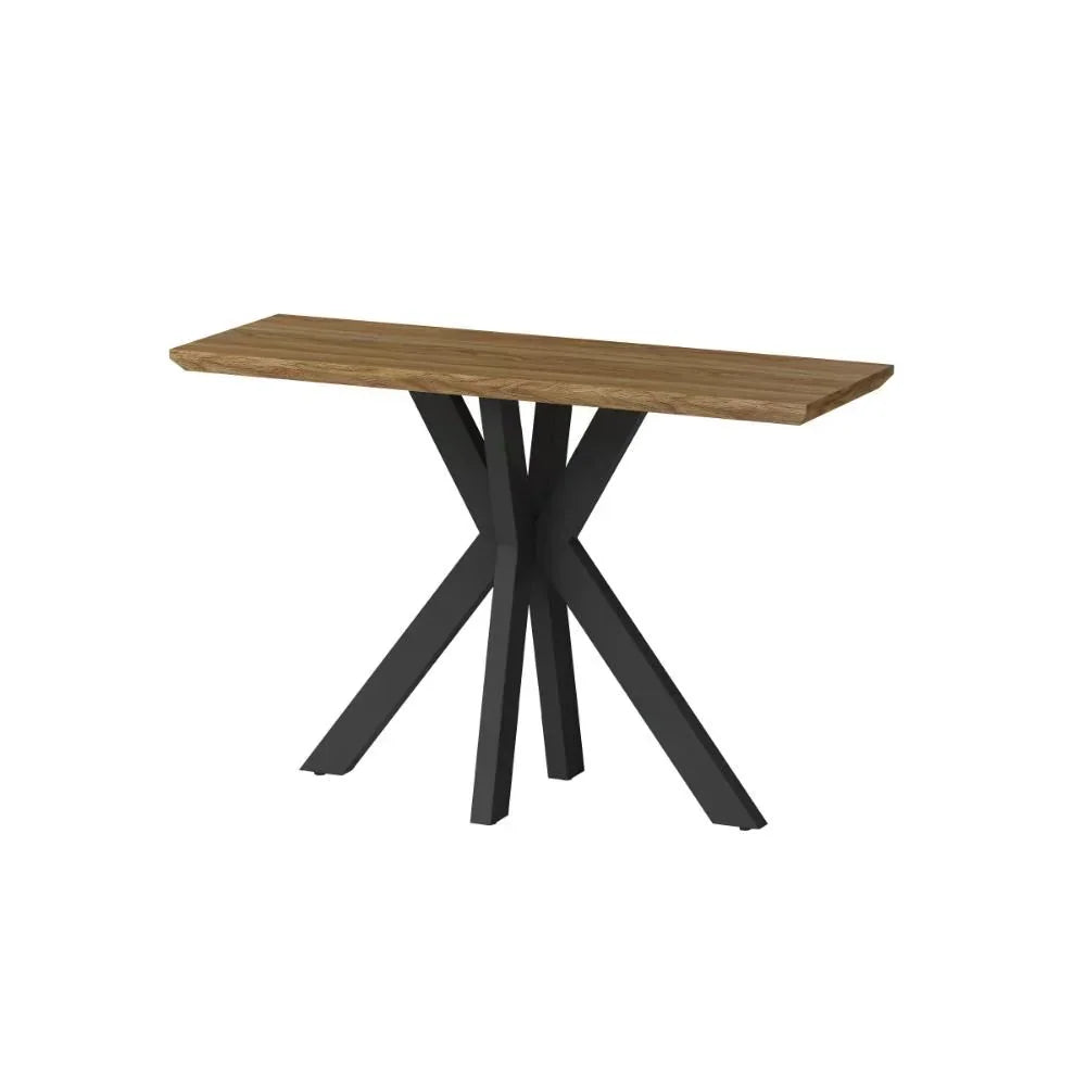 Modern console table with oak wood top and black metal legs
