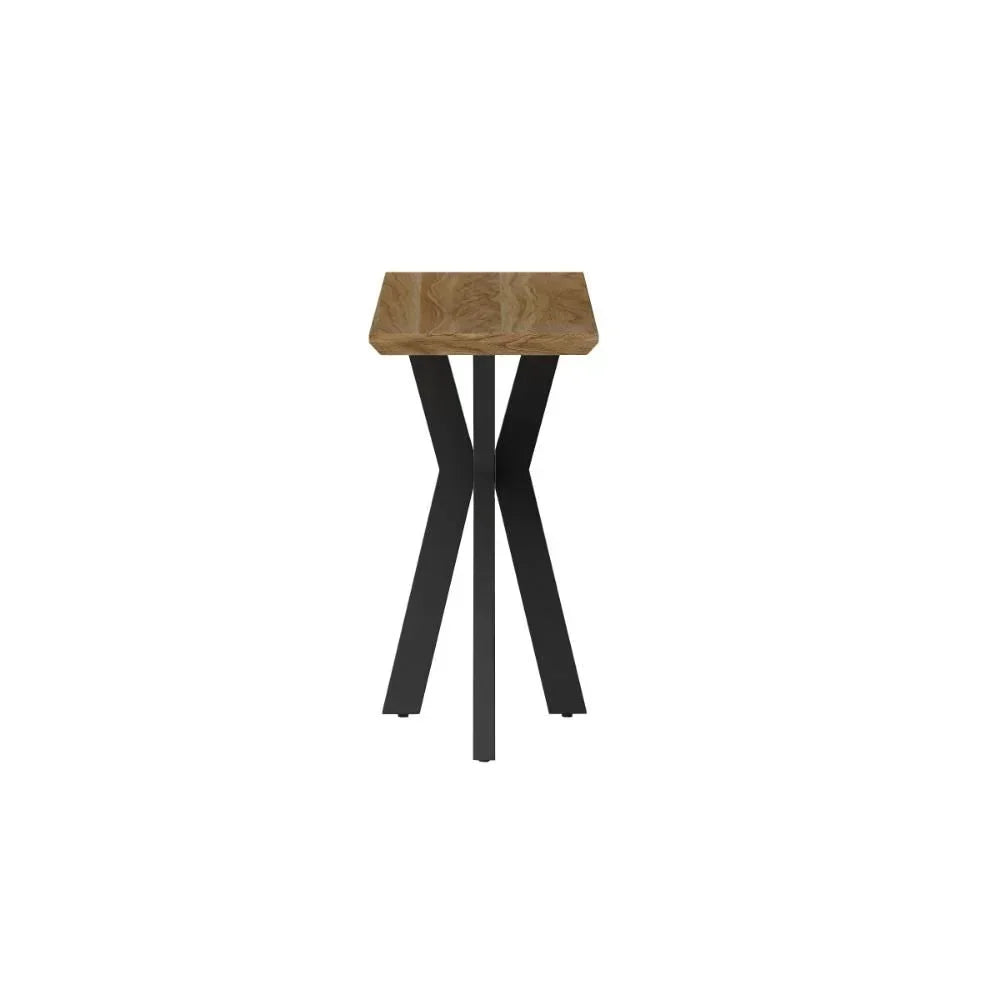 Square wood side table with black metal crossed legs, front view against white background