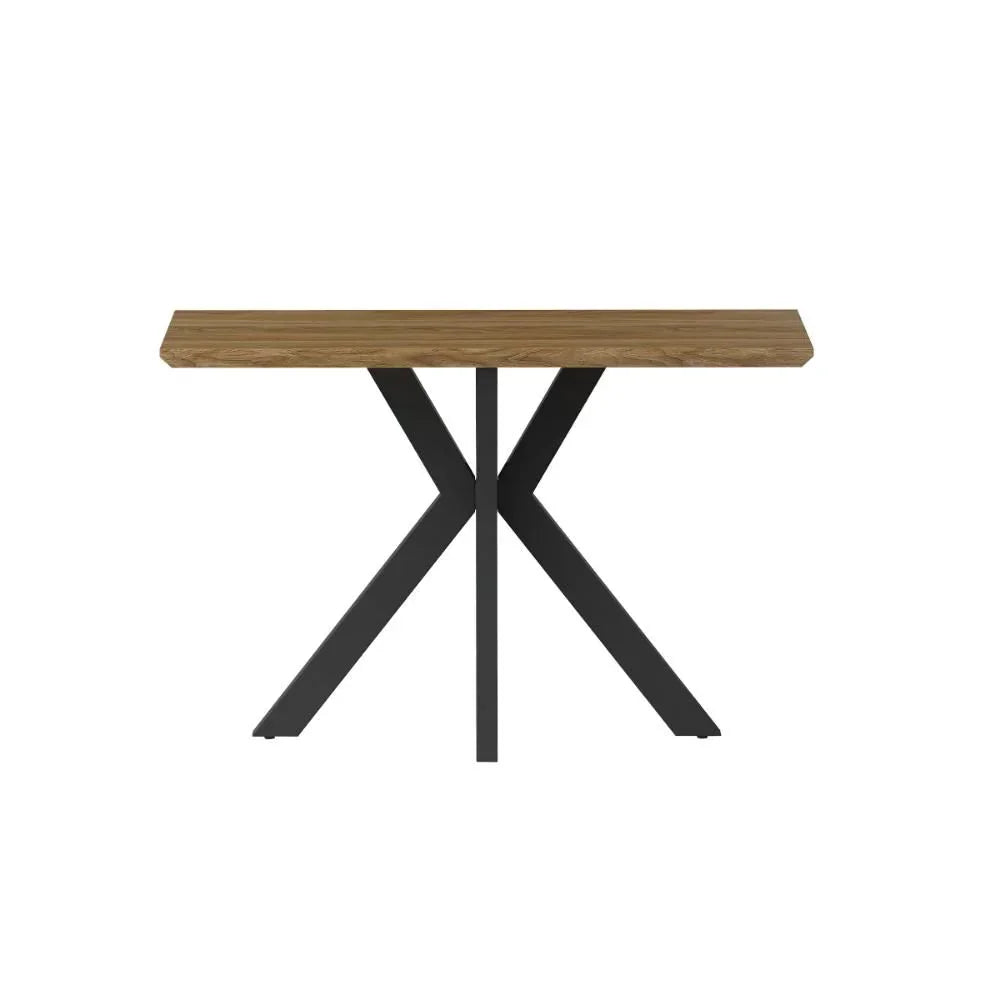 Modern console table with oak effect top and black metal crossed legs, front view