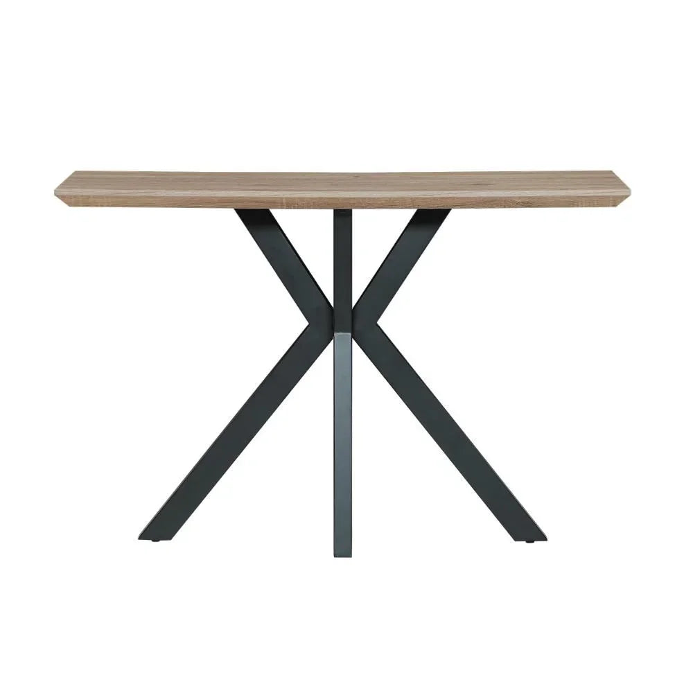 Modern console table with wood top and black metal cross legs, front view