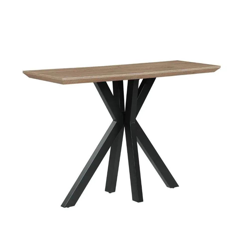 Rectangular dining table with wood top and black metal angled legs