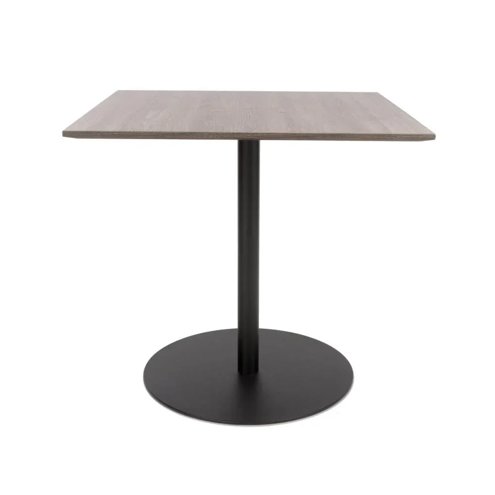 Square dining table with wood top and black pedestal base, front view