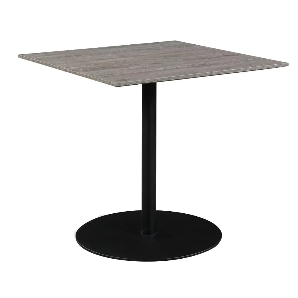 Square dining table with wood-effect top and black metal pedestal base
