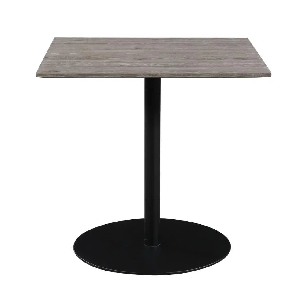 Square wood dining table with black pedestal base, front view