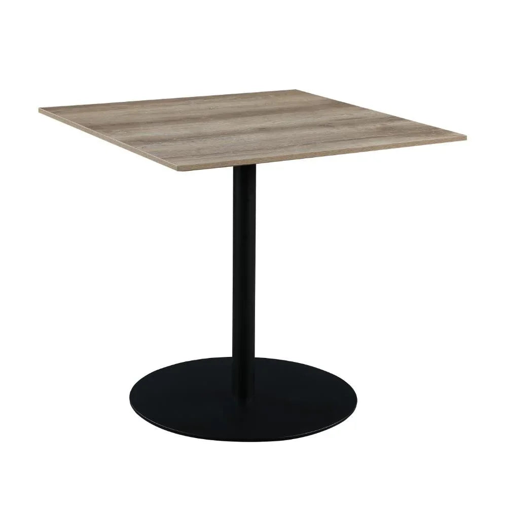 Square wood dining table with black pedestal base on white background