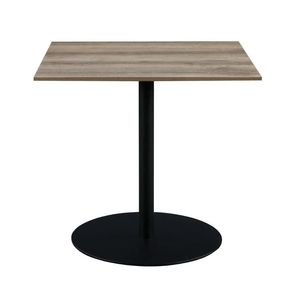 Square wood dining table with black metal pedestal base, front view