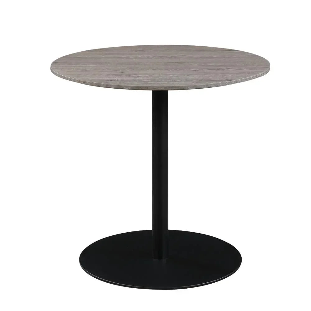 Round wooden table with black metal pedestal base, modern furniture design
