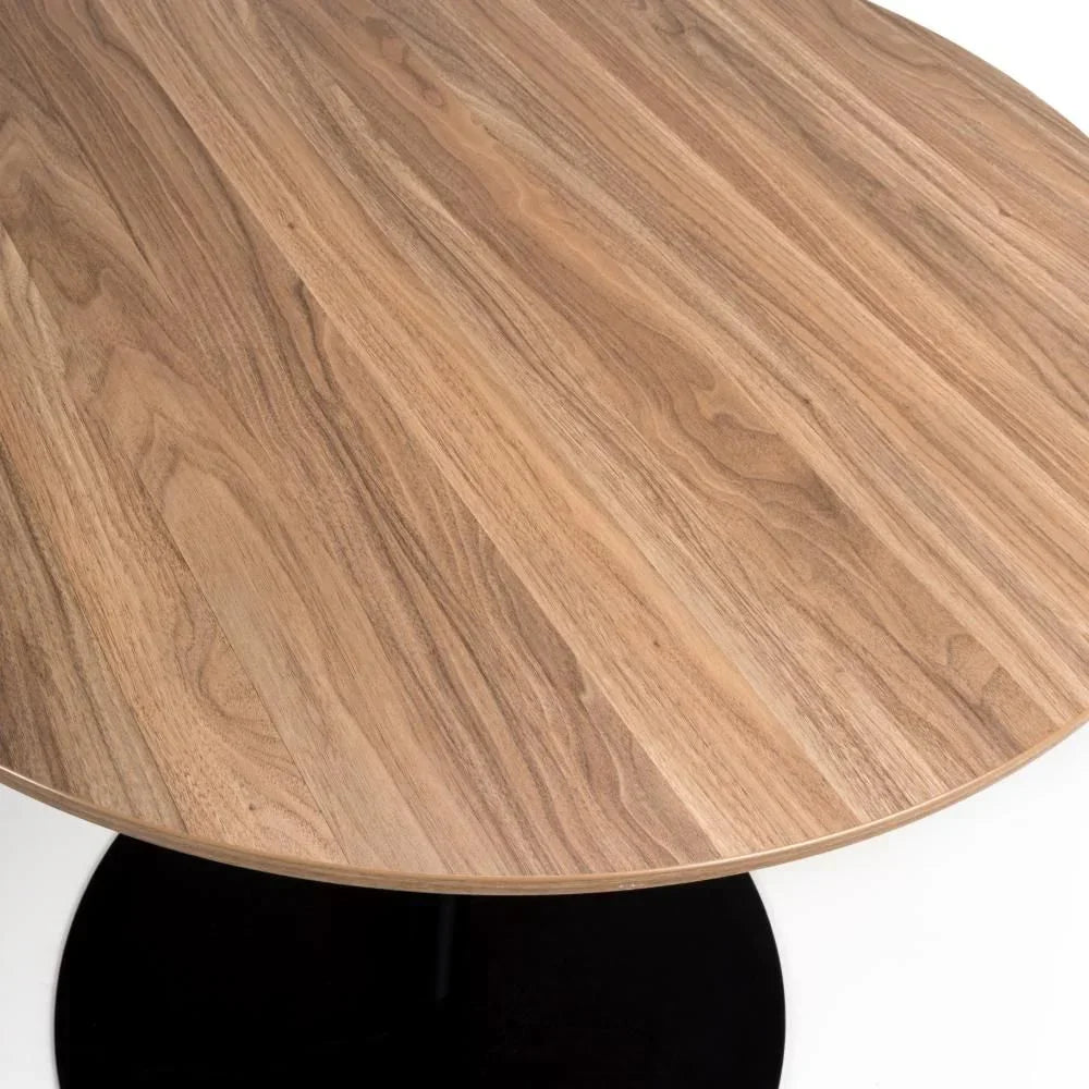round dining table with walnut wood finish and black pedestal base, top view