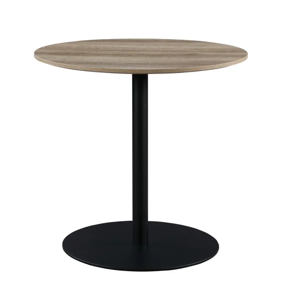 Round dining table with light wood top and black metal pedestal base