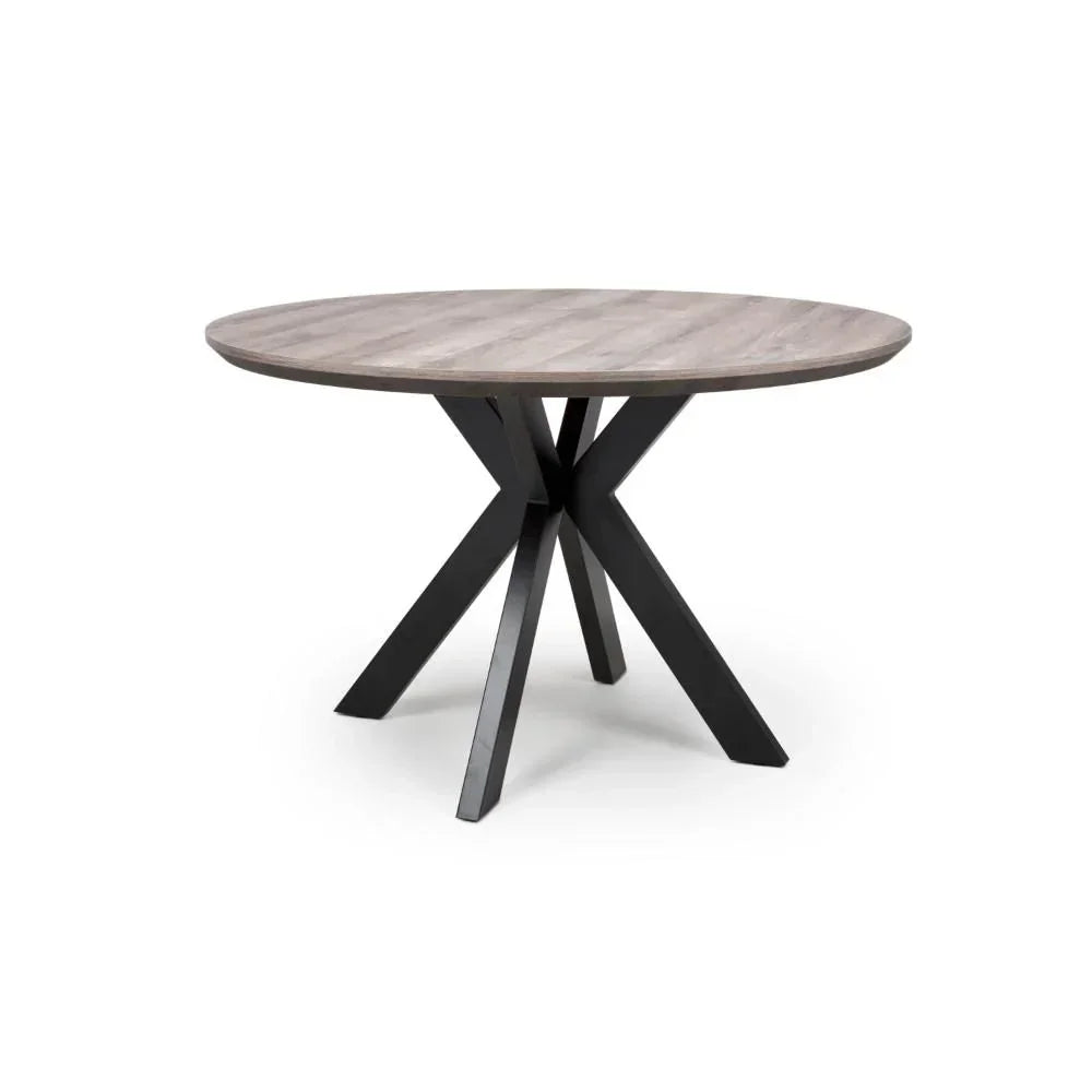 Round dining table with wood top and black metal crossed legs