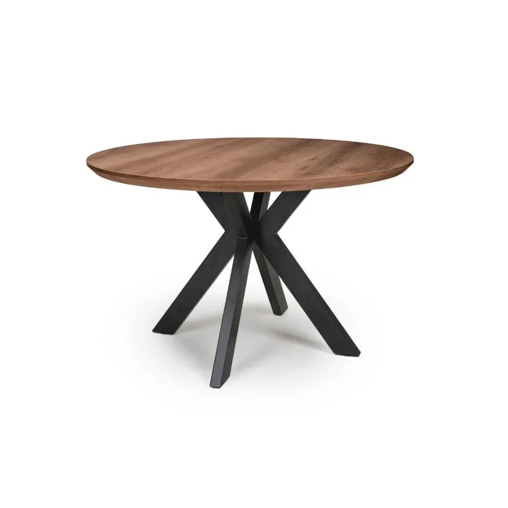 Round dining table with walnut wood top and black metal cross base