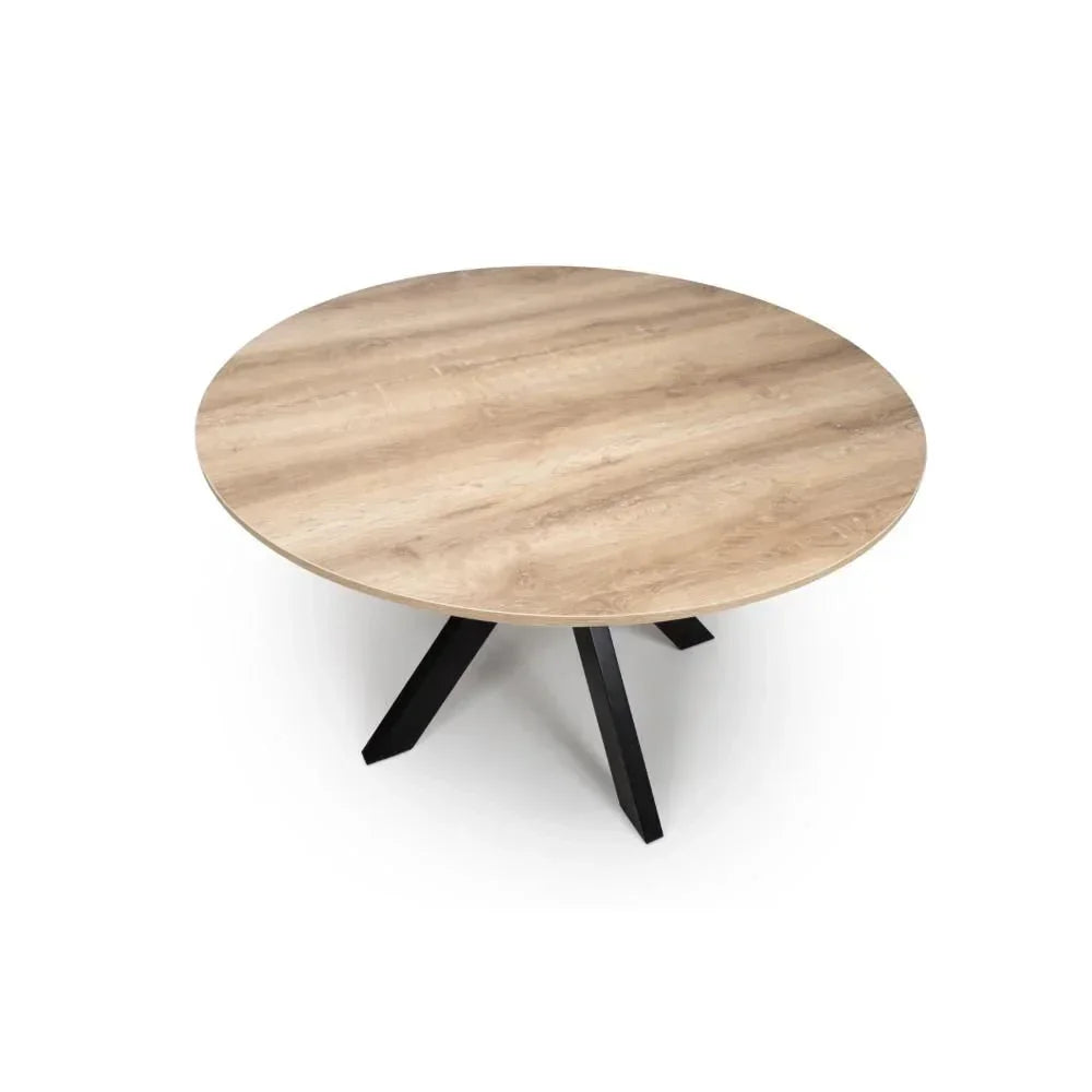 Round oak dining table with black metal legs, modern minimalist design, top angle view