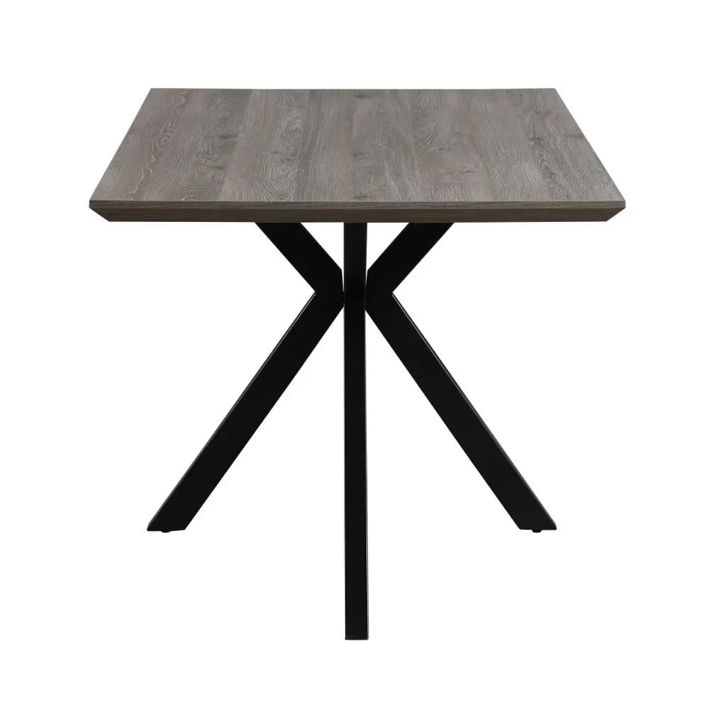 Rectangular dining table with dark wood top and black metal crossed legs, front view