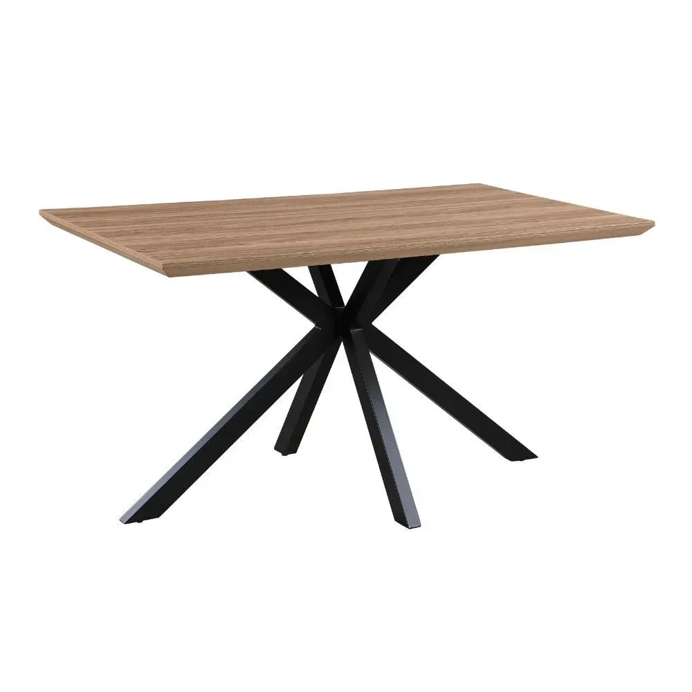 Rectangular dining table with wood top and black metal star-shaped legs