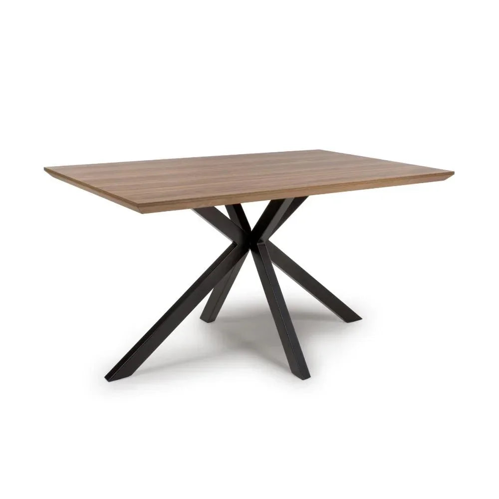 Rectangular dining table with wood top and black metal starburst legs