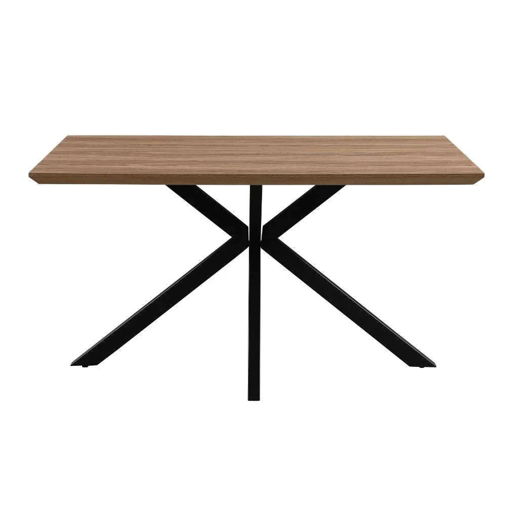 Rectangular dining table with wood top and black metal cross legs, front view