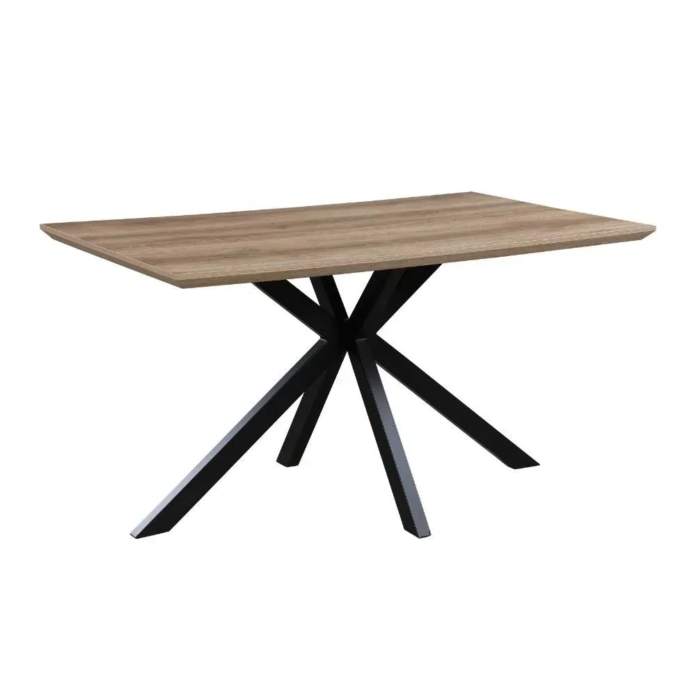Rectangular dining table with light wood top and black metal spider legs