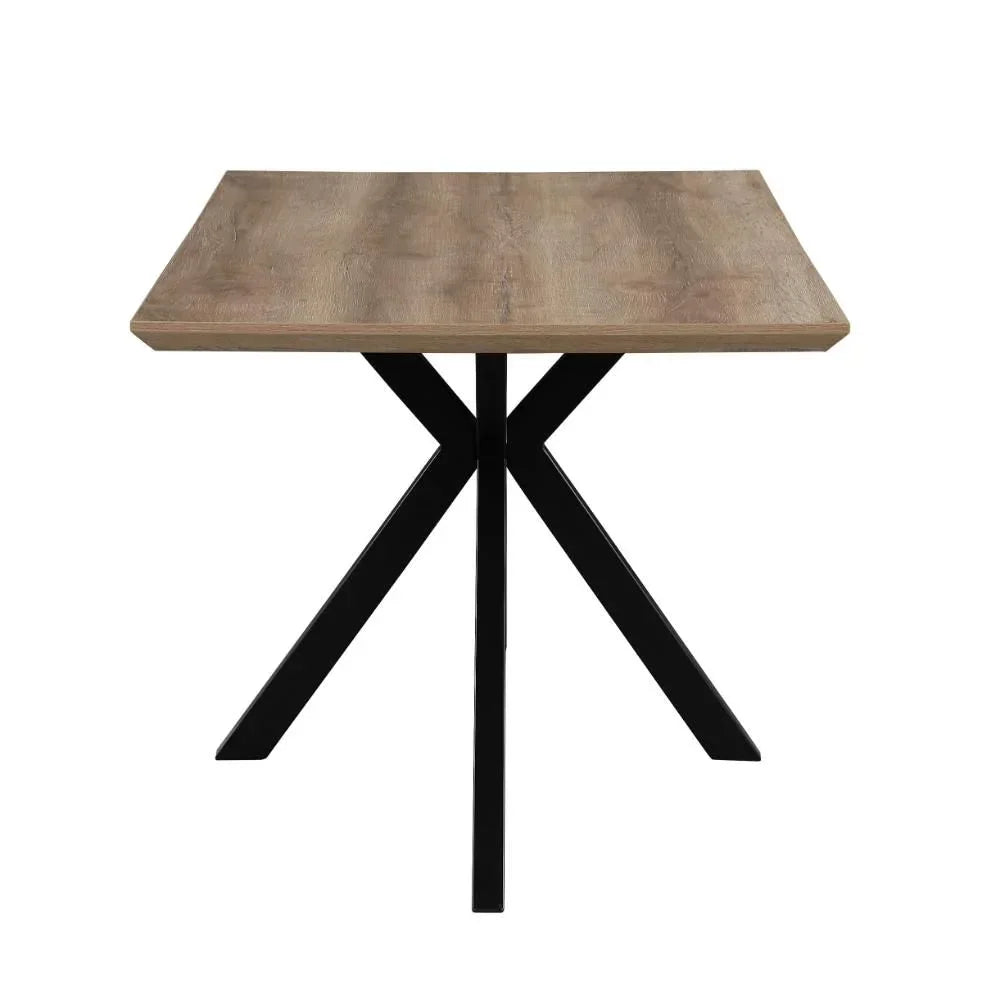 Rectangular dining table with wood top and black metal cross legs, front view