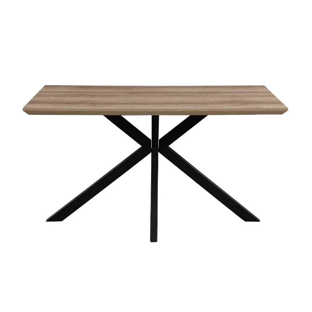 Rectangular console table with light wood top and black metal crossed legs