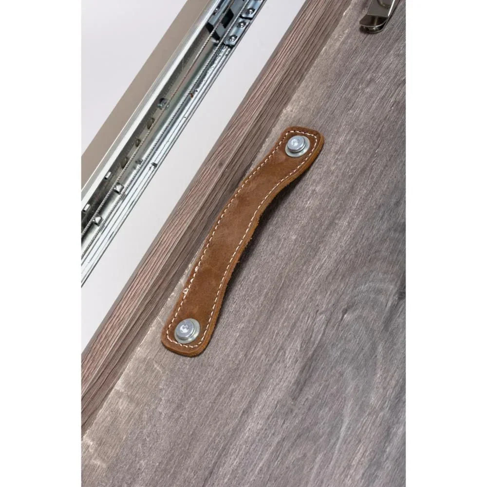 Wooden drawer with brown leather handle and visible metal rail mechanism