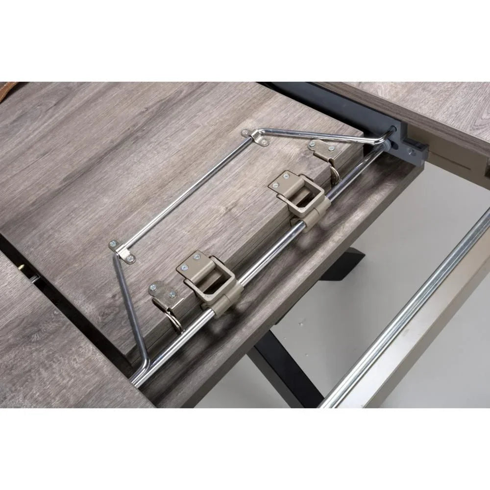 Close-up of extendable dining table mechanism with metal fittings and wood finish