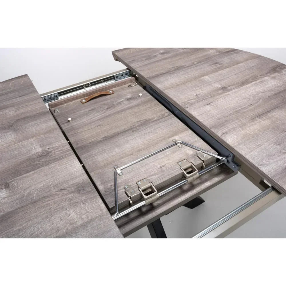 Extendable dining table leaf mechanism in grey wood finish
