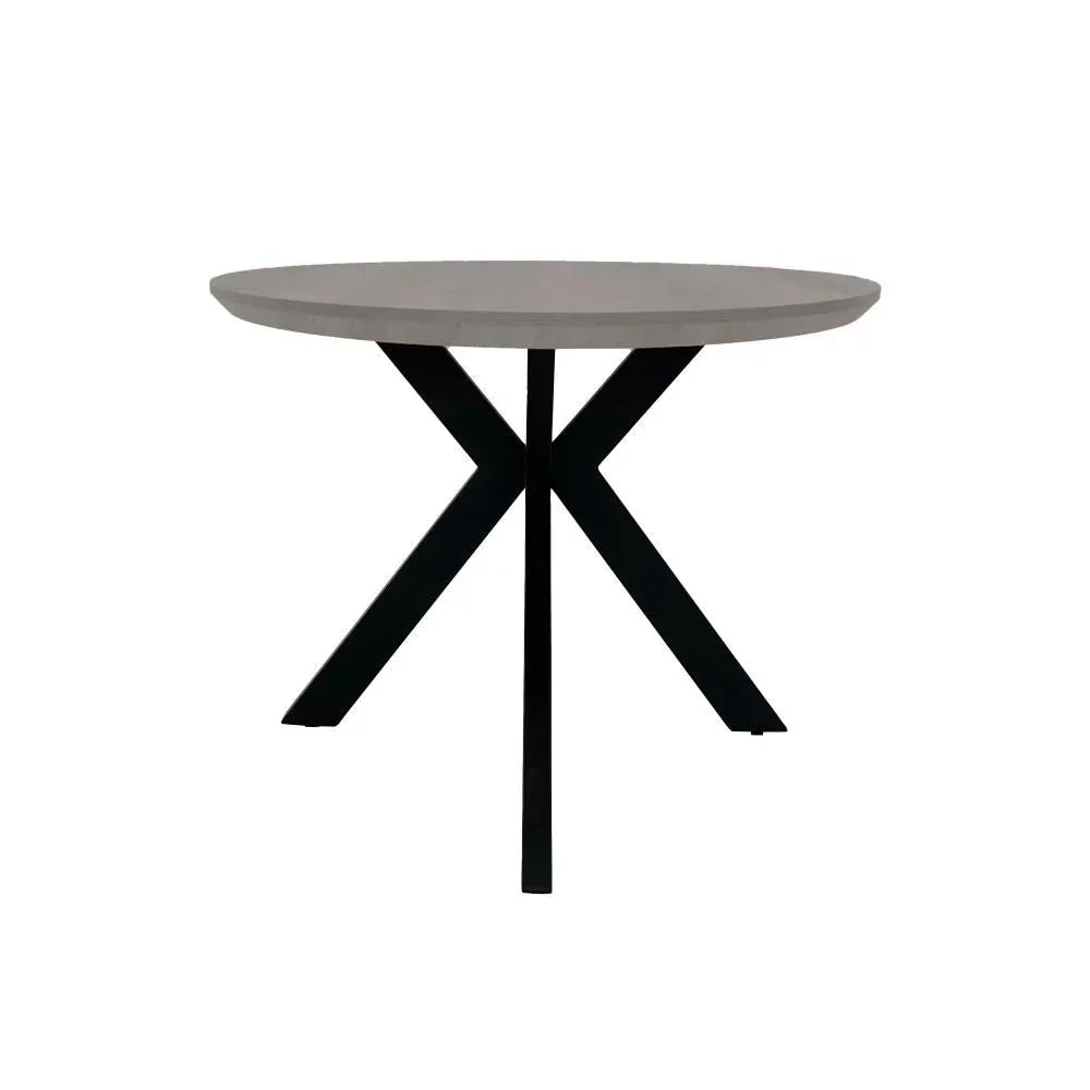 Round dining table with grey top and black crossed metal legs, front angle view