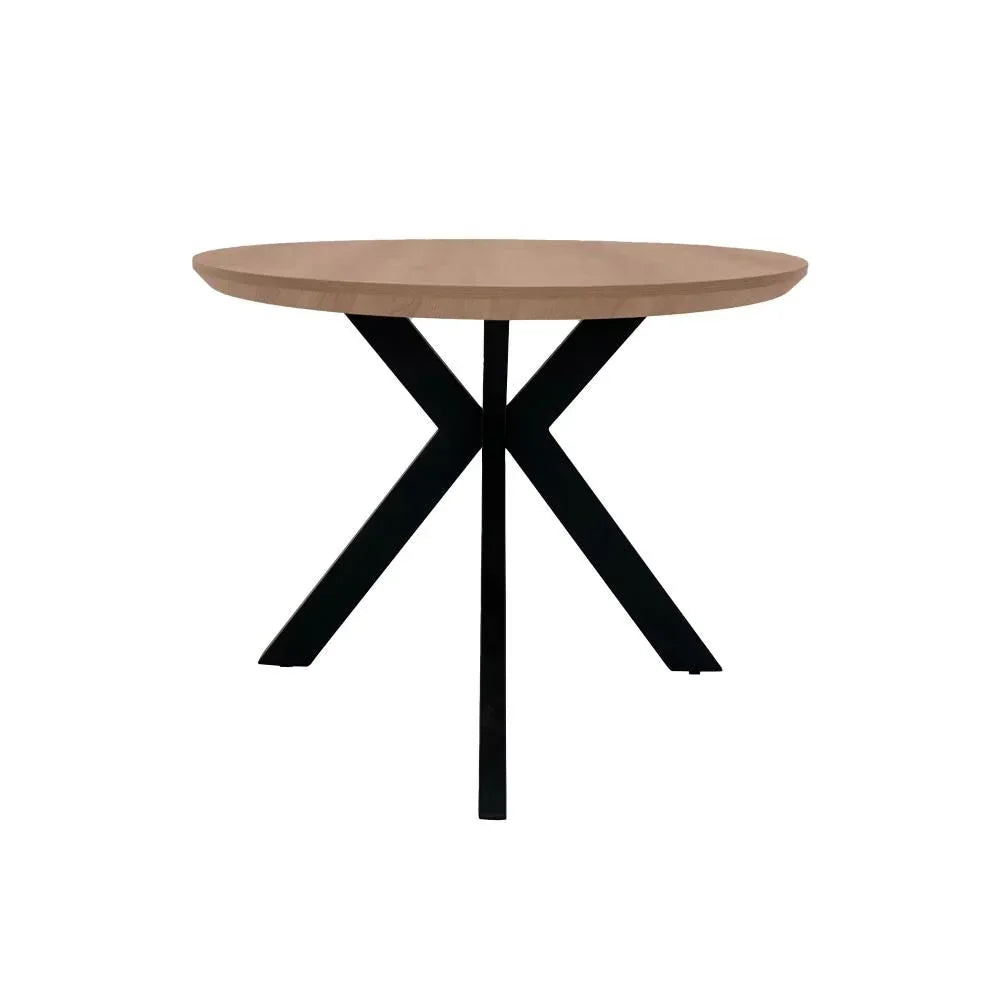 Round wooden dining table with black metal cross legs, modern style