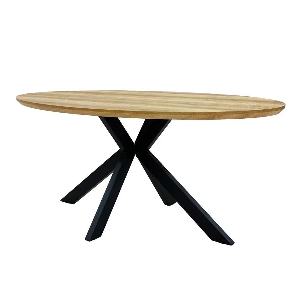 Oak dining table with round top and black crossed metal legs