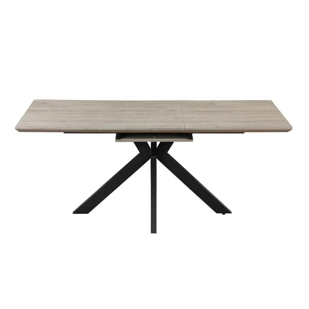 Rectangular wood dining table with black metal legs and light oak finish, front view