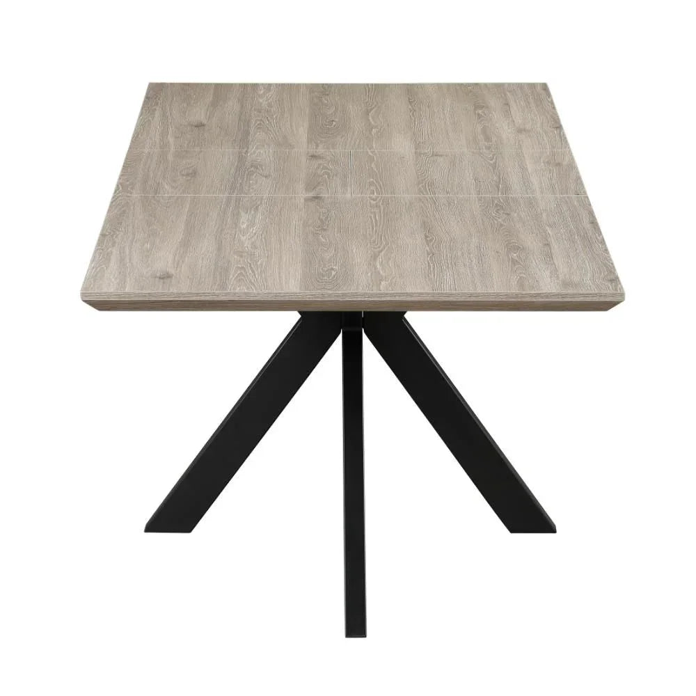 Square dining table with light wood top and black metal legs, front view