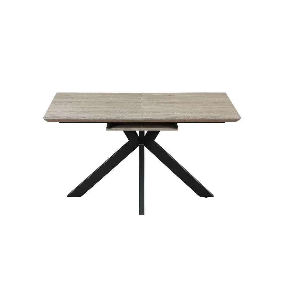 Rectangular oak dining table with black metal angled legs, front view