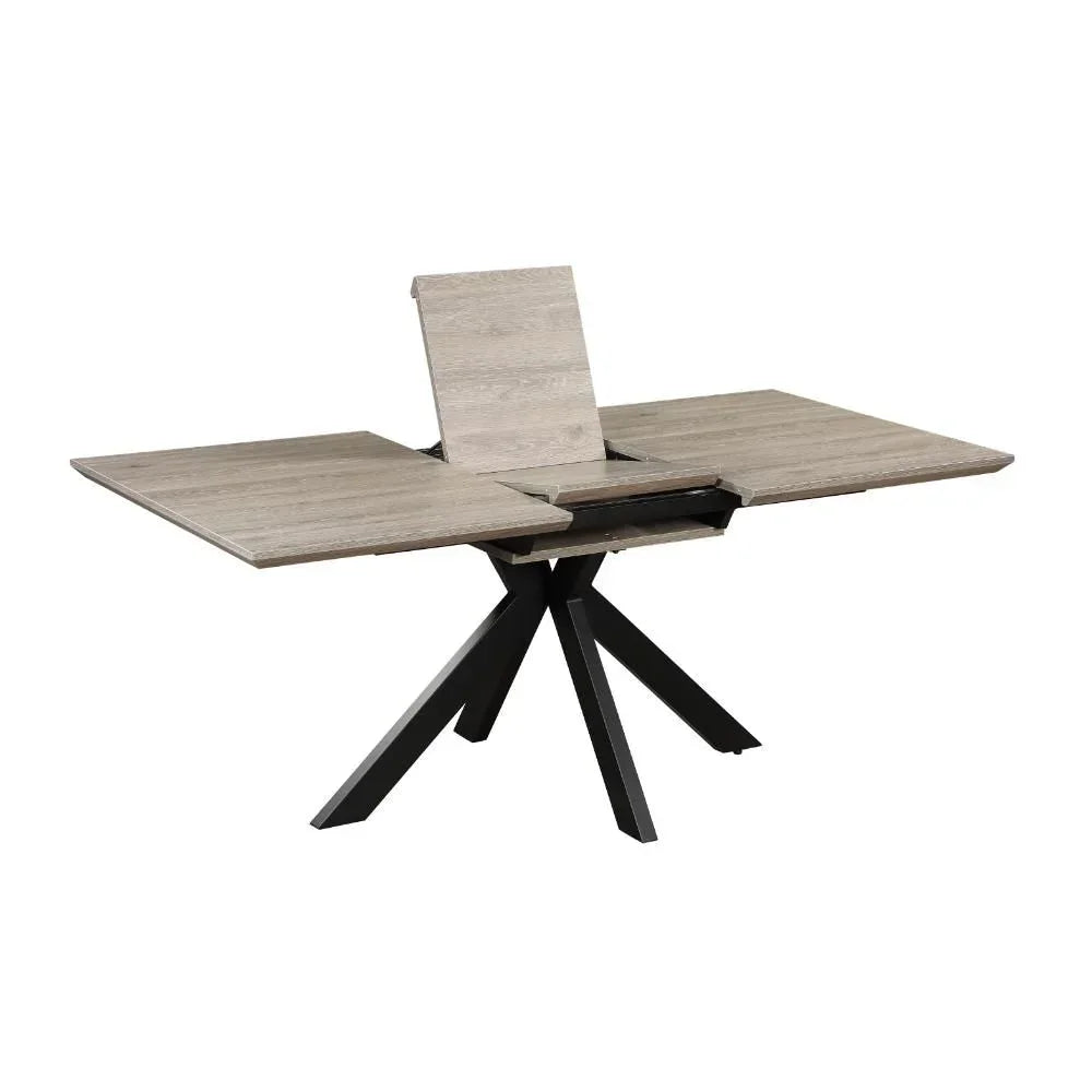 Oak effect extending dining table with central extension leaf and black angled legs