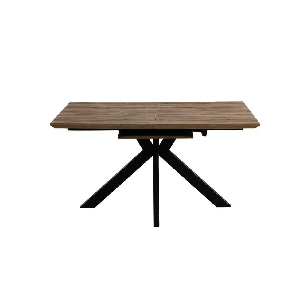 Rectangular dining table with wood top and black crossed metal legs, front view