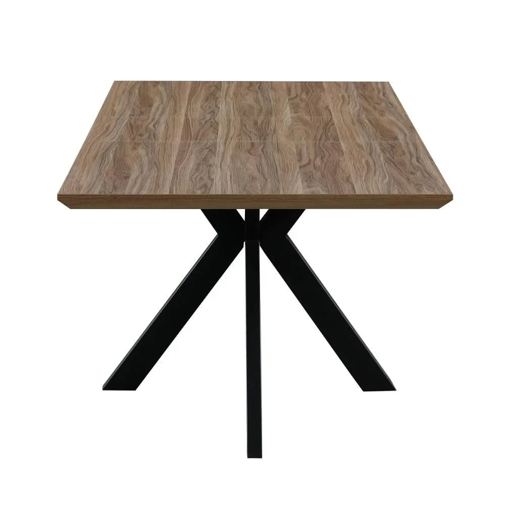 Square dining table with wood effect top and black metal cross legs, front view