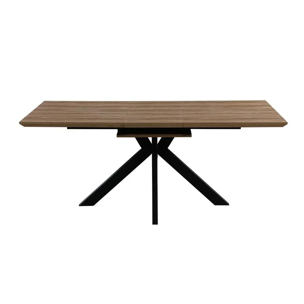 Rectangular wooden dining table with black metal legs, front angle view