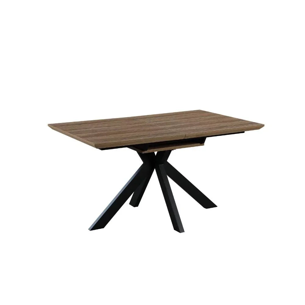 Rectangular wooden dining table with black metal angled legs on white background