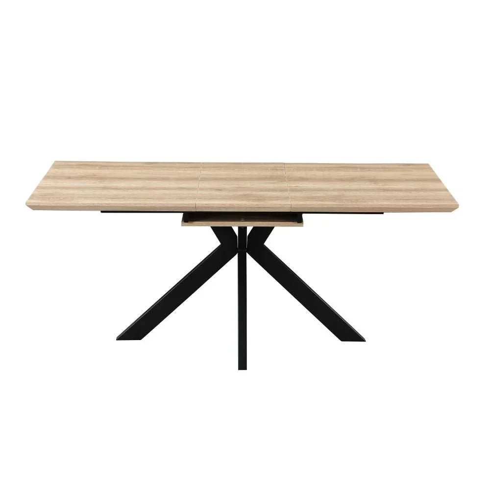 Rectangular extending dining table with light wood top and black metal legs, front view