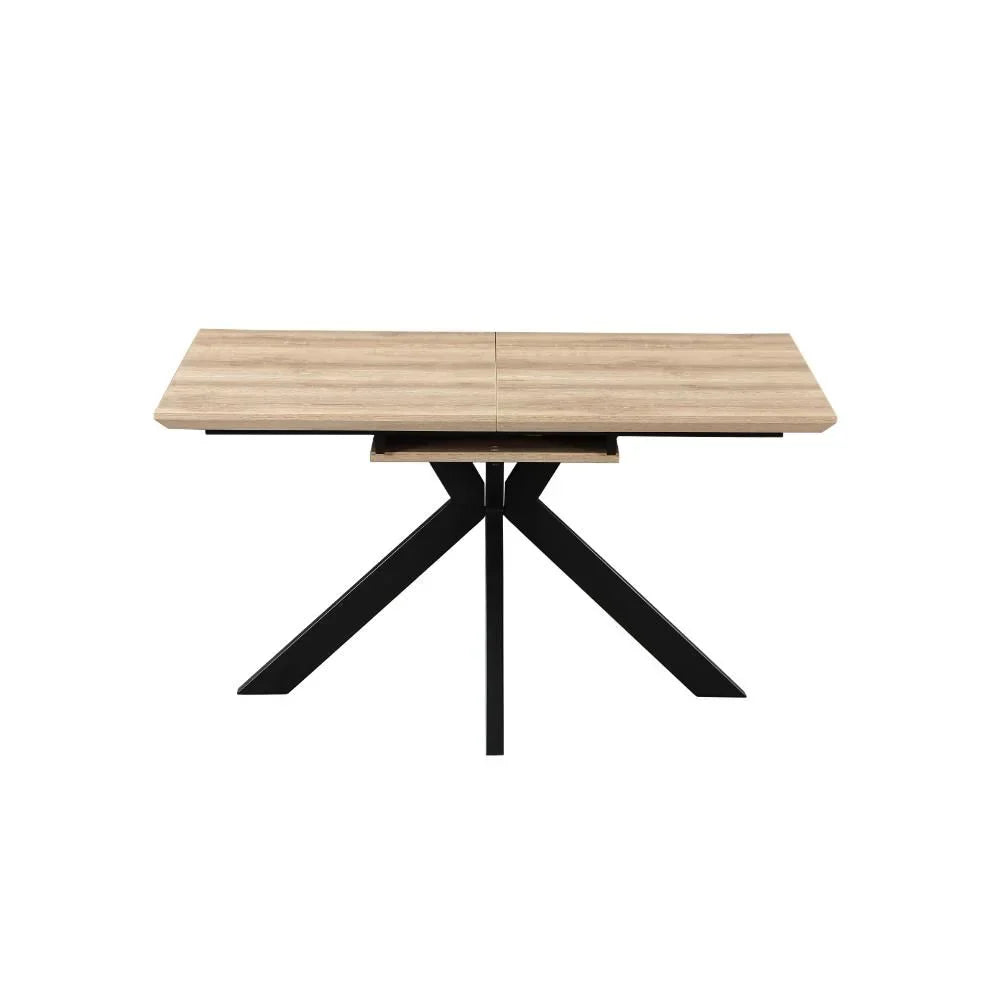 Rectangular dining table with light wood top and black angled metal legs, front view